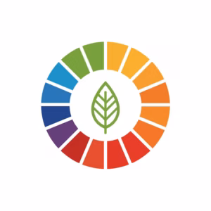 Sustainability color wheel with green leaf symbol representing Excelya’s environmental and CSR commitment